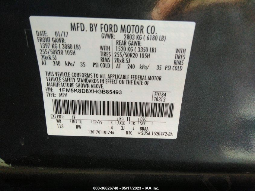 2017 FORD EXPLORER XLT - 1FM5K8D8XHGB85493