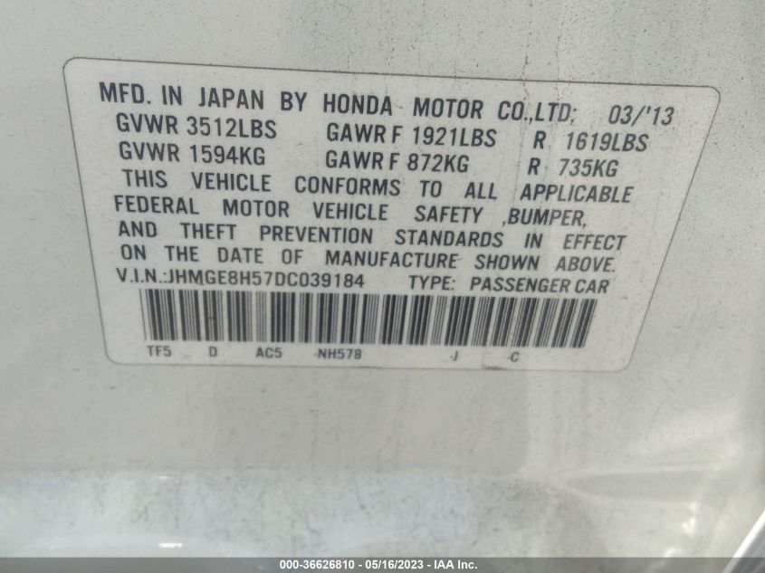 2013 HONDA FIT SPORT - JHMGE8H57DC039184