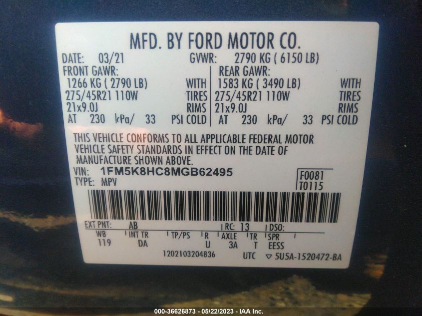 2021 FORD EXPLORER PLATINUM - 1FM5K8HC8MGB62495