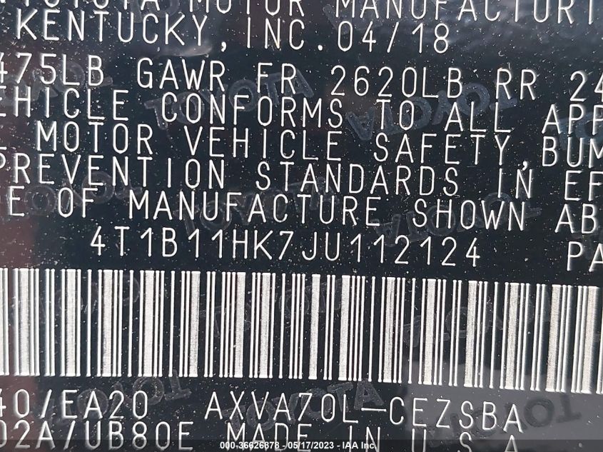 2018 TOYOTA CAMRY LE/SE/XLE/L - 4T1B11HK7JU112124