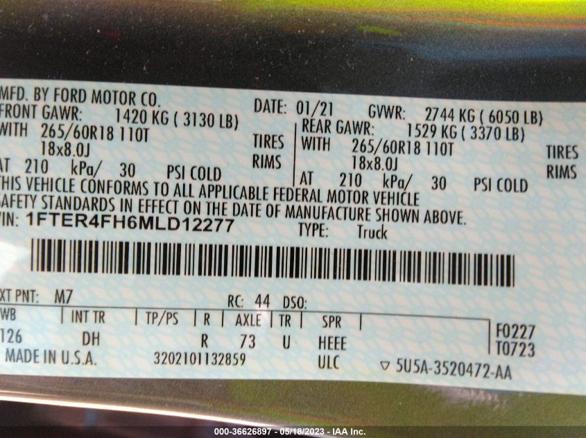2021 FORD RANGER XL/XLT/LARIAT - 1FTER4FH6MLD12277