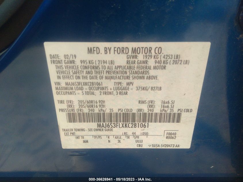 2019 FORD ECOSPORT S - MAJ6S3FLXKC281061