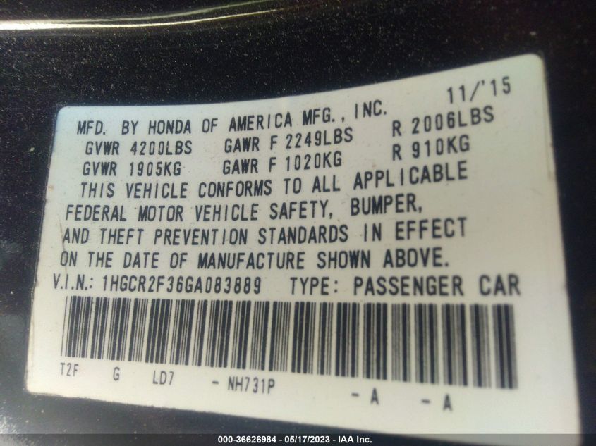 2016 HONDA ACCORD SEDAN LX - 1HGCR2F36GA083889
