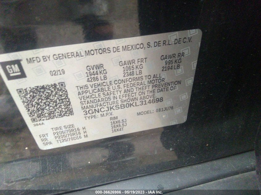 2019 CHEVROLET TRAX LS - 3GNCJKSB0KL314698