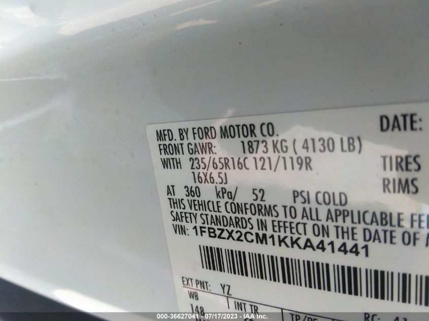 2019 FORD TRANSIT PASSENGER WAGON XL/XLT 1FBZX2CM1KKA41441