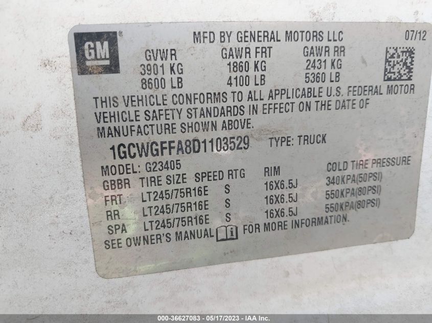 2013 CHEVROLET EXPRESS CARGO VAN - 1GCWGFFA8D1103529