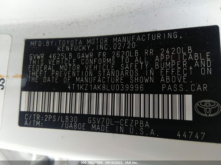 2020 TOYOTA CAMRY V6 - 4T1KZ1AK8LU039996
