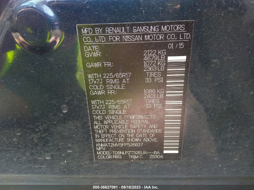 2015 NISSAN ROGUE SV/SL/S - KNMAT2MV5FP526637