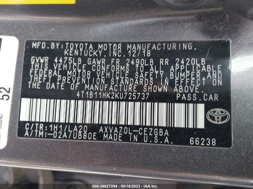 2019 TOYOTA CAMRY LE/SE/XLE/L - 4T1B11HK2KU725737