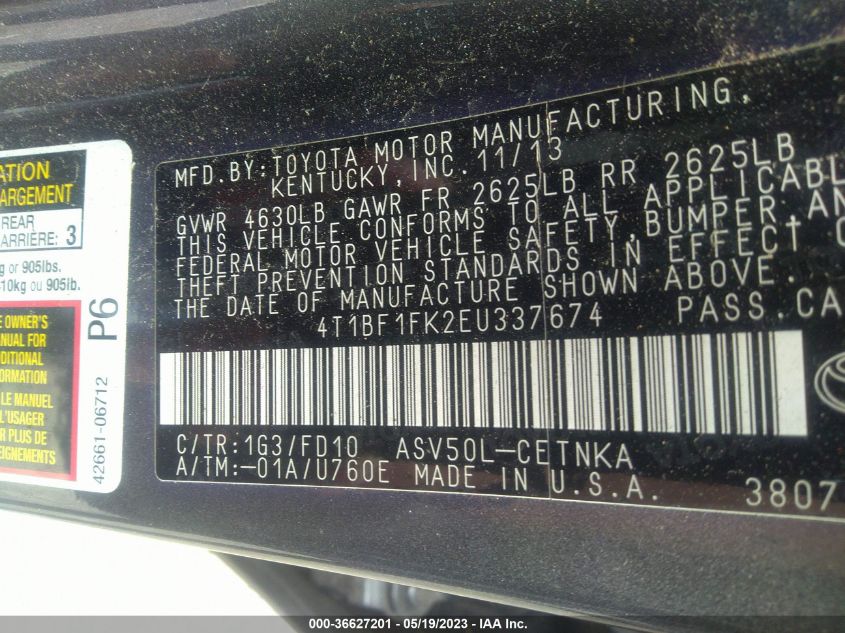 2014 TOYOTA CAMRY L/LE/XLE/SE/SE SPORT - 4T1BF1FK2EU337674