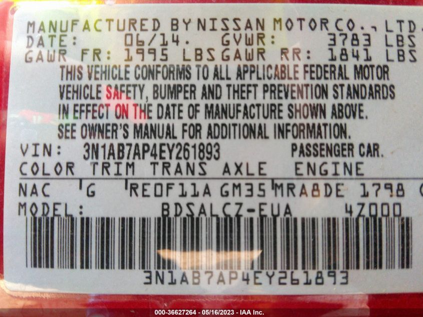 2014 NISSAN SENTRA S - 3N1AB7AP4EY261893
