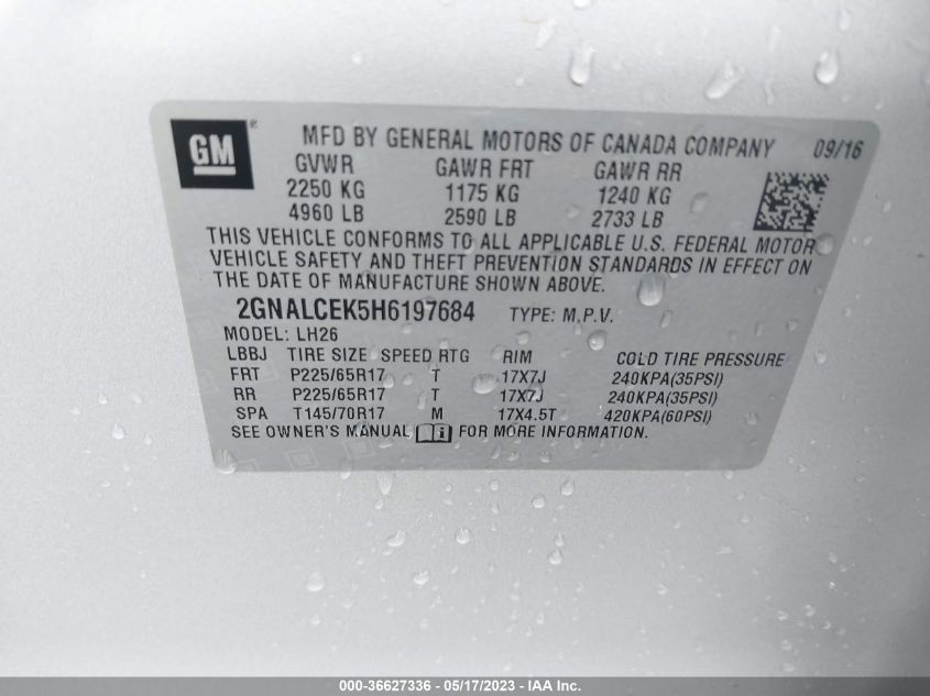 2017 CHEVROLET EQUINOX LT - 2GNALCEK5H6197684