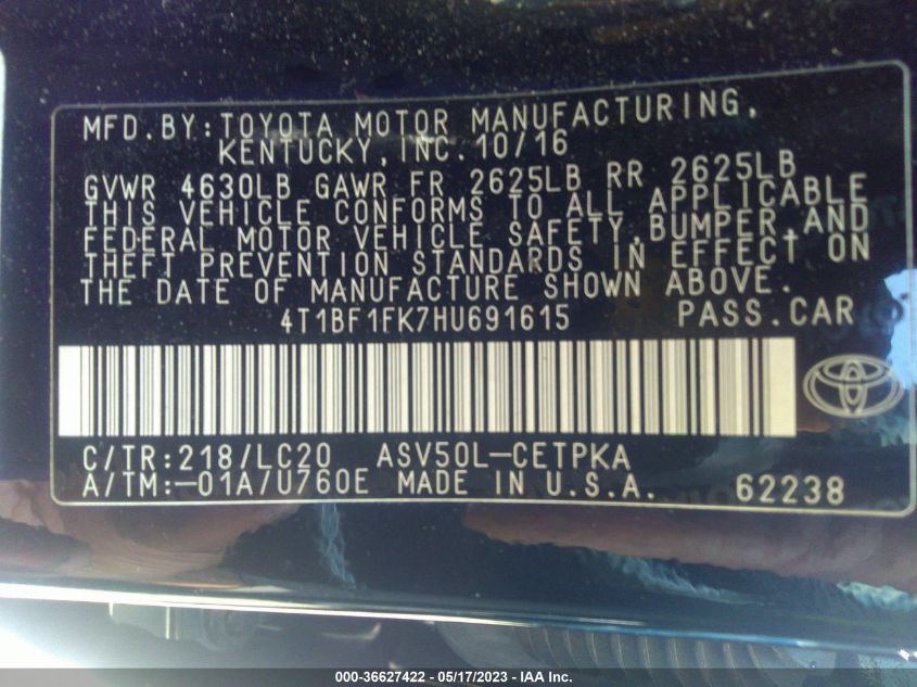 2017 TOYOTA CAMRY XLE/SE/LE/XSE - 4T1BF1FK7HU691615