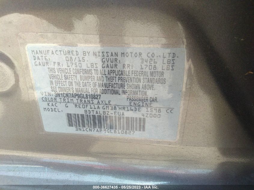 2016 NISSAN VERSA S/S PLUS/SL/SV - 3N1CN7AP9GL810827