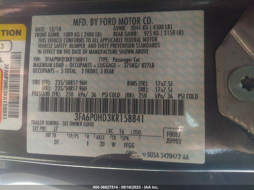 2019 FORD FUSION SE - 3FA6P0HD3KR158841