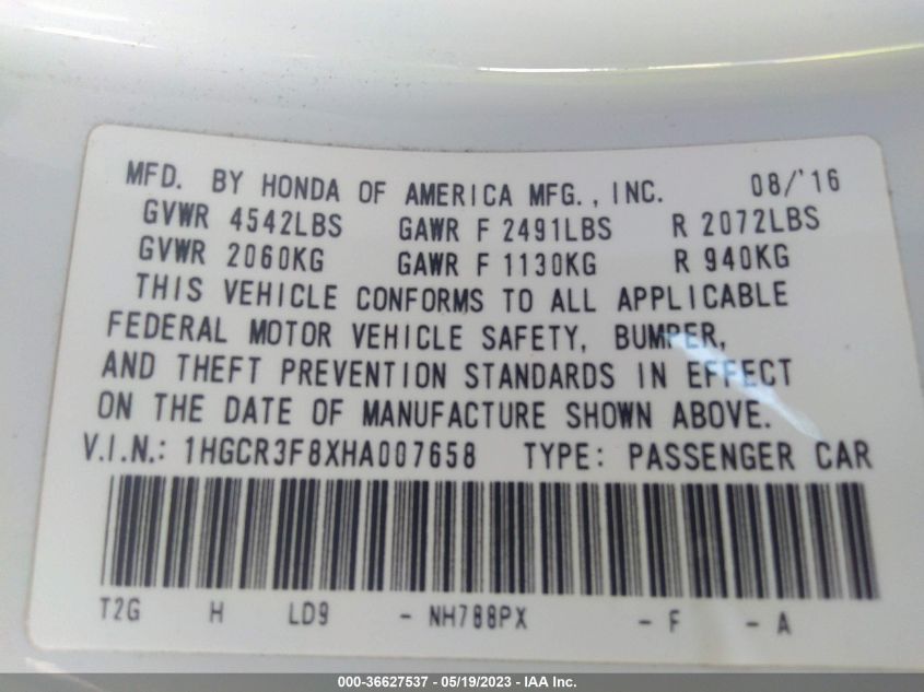 2017 HONDA ACCORD SEDAN EX-L V6 - 1HGCR3F8XHA007658
