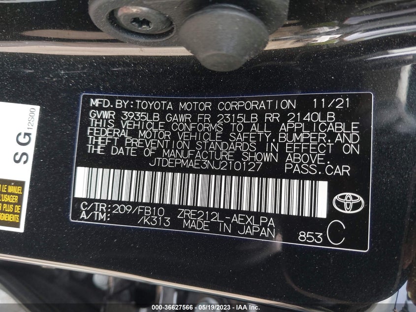 VIN JTDEPMAE3NJ210127 2022 TOYOTA COROLLA LE
