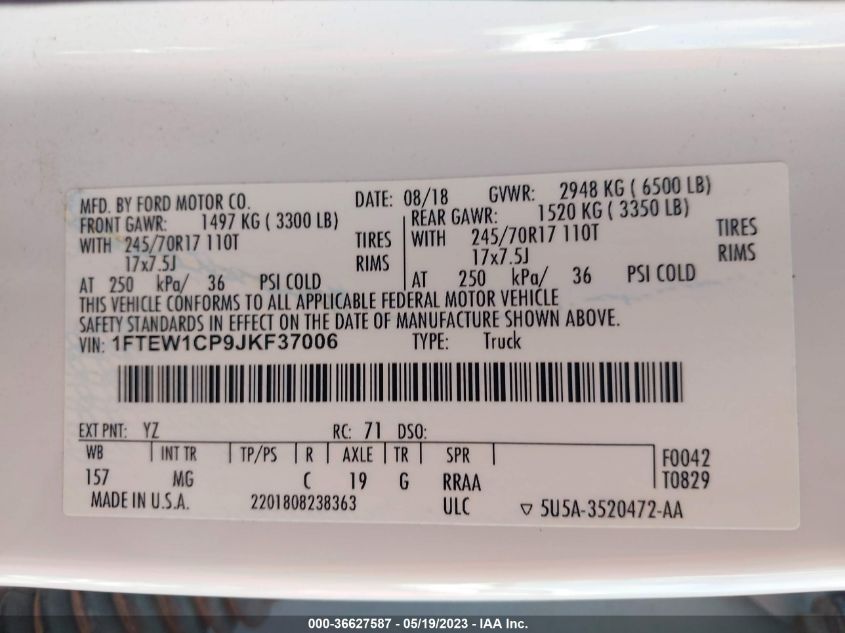 2018 FORD F-150 XL/XLT/LARIAT - 1FTEW1CP9JKF37006