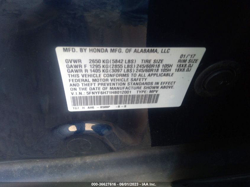 2017 HONDA PILOT EX-L - 5FNYF6H71HB012001