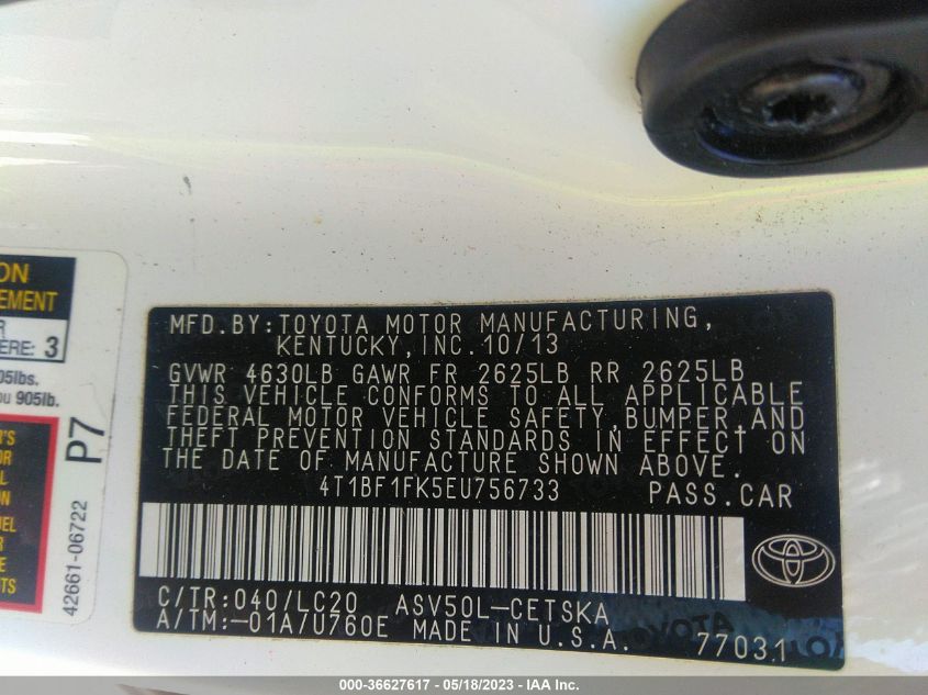 2014 TOYOTA CAMRY L/LE/XLE/SE/SE SPORT - 4T1BF1FK5EU756733