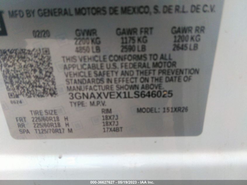 2020 CHEVROLET EQUINOX LT - 3GNAXVEX1LS646025