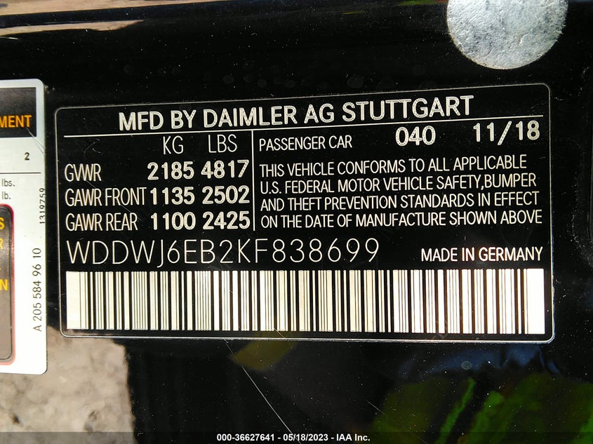 VIN WDDWJ6EB2KF838699 2019 MERCEDES-BENZ C-CLASS AMG C 43