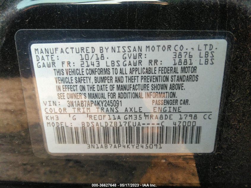 2019 NISSAN SENTRA SV - 3N1AB7AP4KY245091