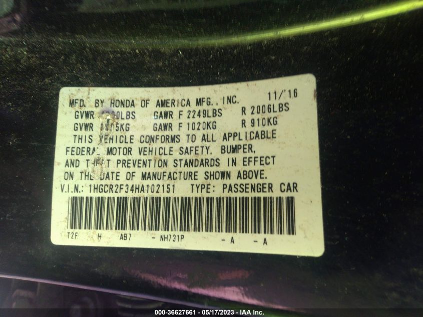 2017 HONDA ACCORD SEDAN LX - 1HGCR2F34HA102151