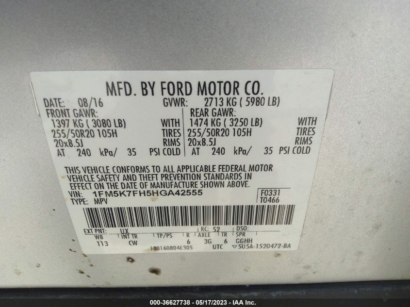 2017 FORD EXPLORER LIMITED - 1FM5K7FH5HGA42555