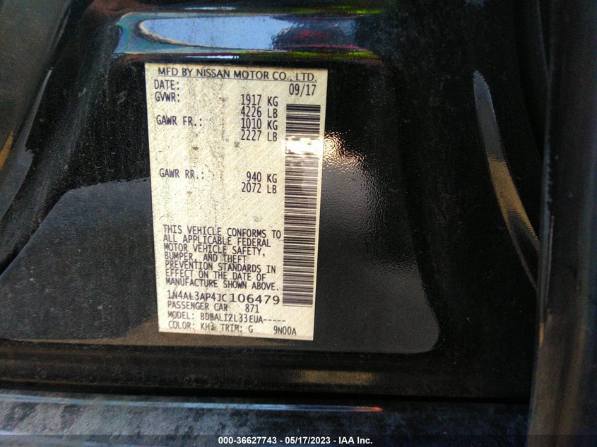 VIN 1N4AL3AP4JC106479 2018 NISSAN ALTIMA 2.5 SV