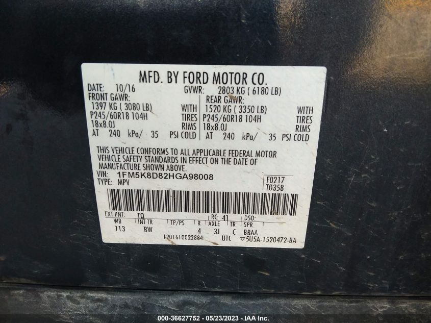 2017 FORD EXPLORER XLT - 1FM5K8D82HGA98008