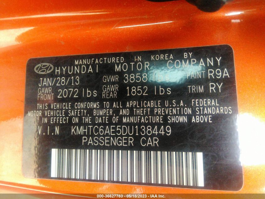 2013 HYUNDAI VELOSTER TURBO W/BLACK INT - KMHTC6AE5DU138449