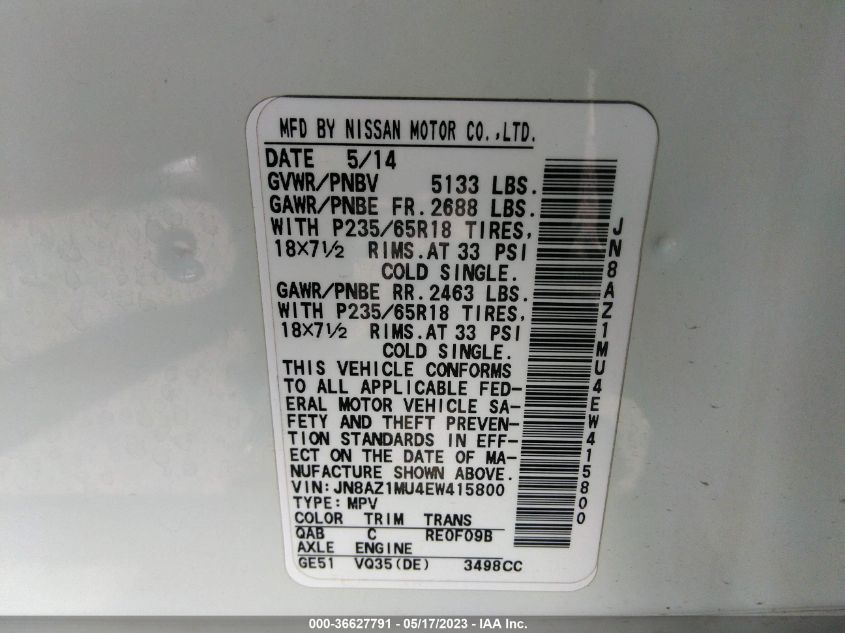 2014 NISSAN MURANO S/SV/SL/LE - JN8AZ1MU4EW415800