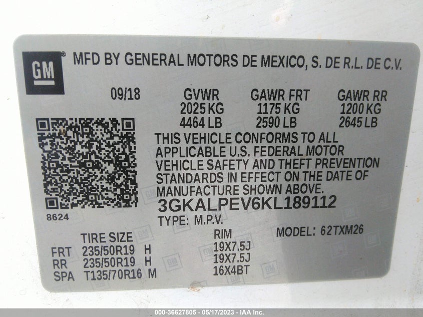 VIN 3GKALPEV6KL189112 2019 GMC TERRAIN SLT