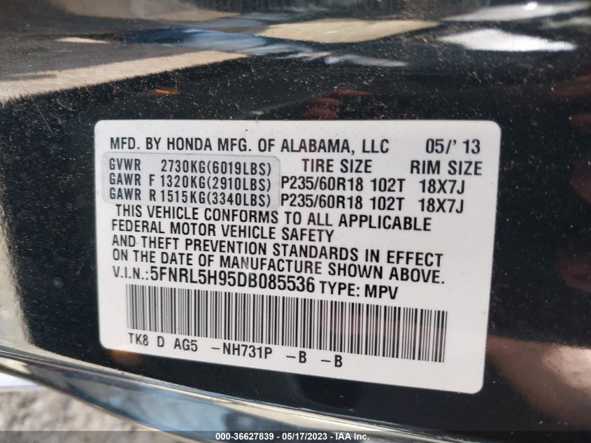 VIN 5FNRL5H95DB085536 2013 HONDA ODYSSEY no.9