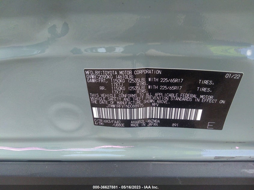 VIN JTMW1RFV1ND088975 2022 TOYOTA RAV4 XLE