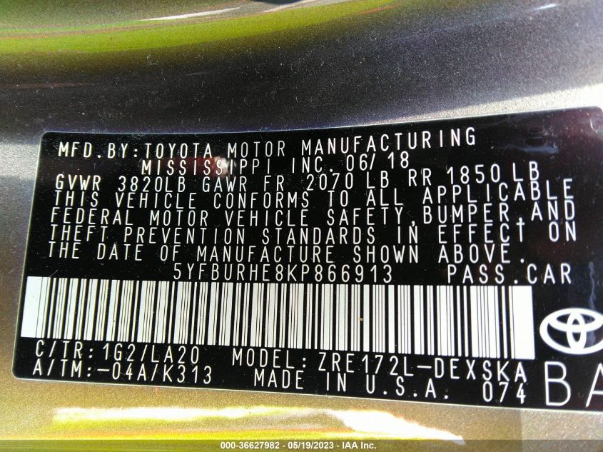 2019 TOYOTA COROLLA L/LE/SE/XLE/XSE - 5YFBURHE8KP866913