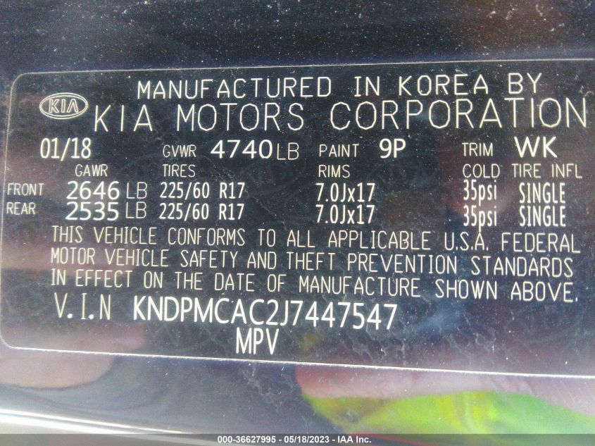 VIN KNDPMCAC2J7447547 2018 KIA SPORTAGE LX