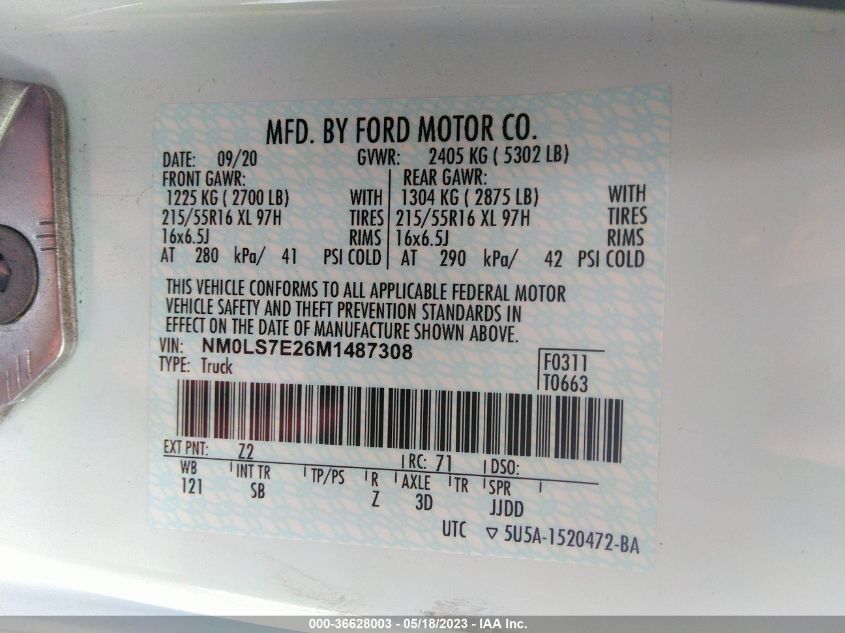 2021 FORD TRANSIT CONNECT VAN XL - NM0LS7E26M1487308