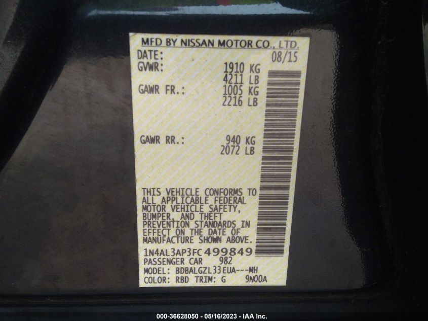2015 NISSAN ALTIMA 2.5 S - 1N4AL3AP3FC499849