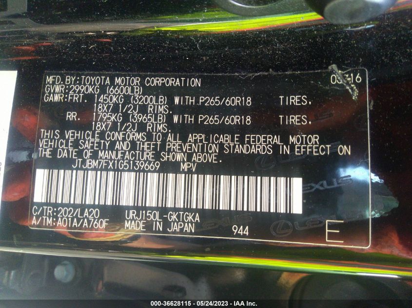 2016 LEXUS GX 460 - JTJBM7FX1G5139669