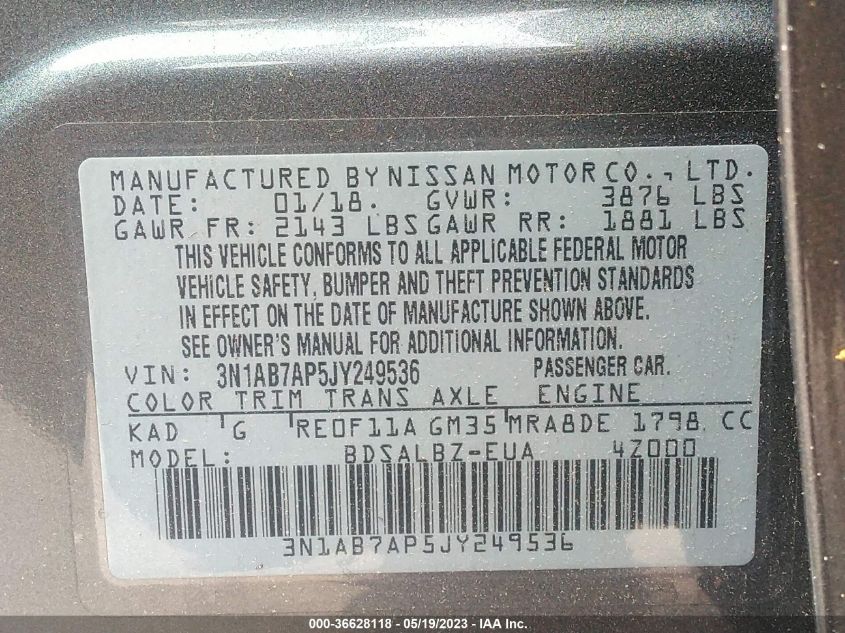 2018 NISSAN SENTRA S - 3N1AB7AP5JY249536