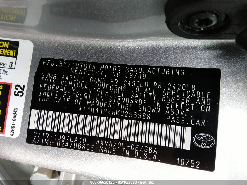 2019 TOYOTA CAMRY LE/SE/XLE/L - 4T1B11HK6KU296988