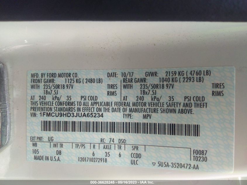 2018 FORD ESCAPE SEL - 1FMCU9HD3JUA65234