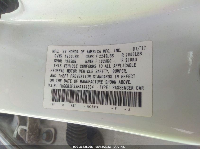 2017 HONDA ACCORD SEDAN LX - 1HGCR2F33HA144004