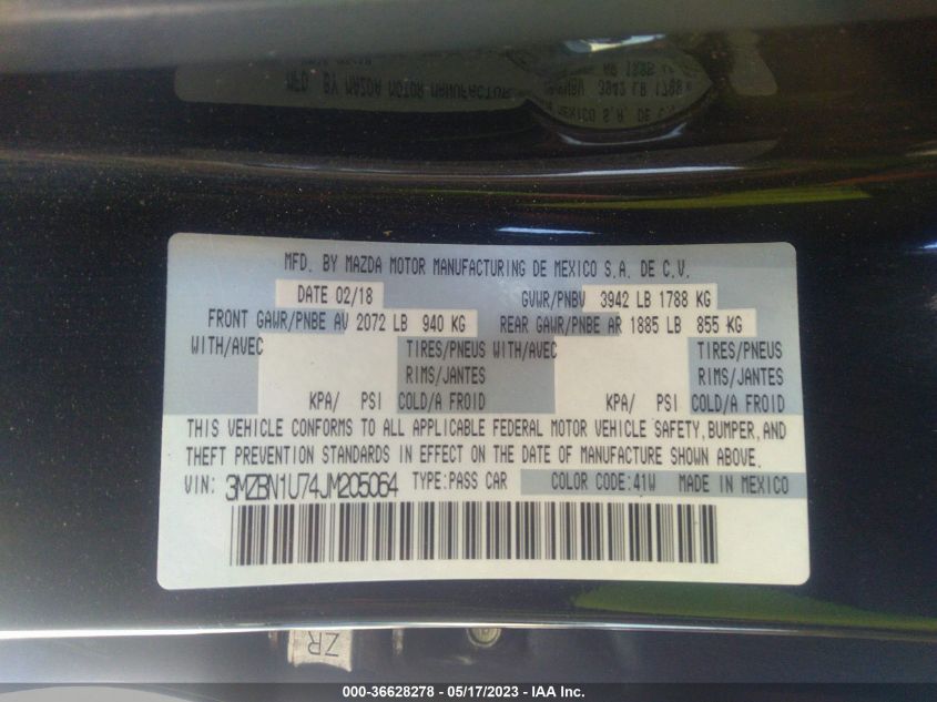 2018 MAZDA MAZDA3 4-DOOR SPORT - 3MZBN1U74JM205064