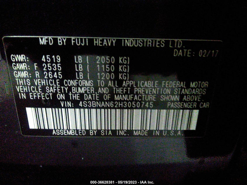 VIN 4S3BNAN62H3050745 2017 SUBARU LEGACY LIMITED