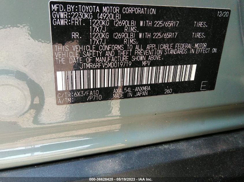2021 TOYOTA RAV4 HYBRID - JTMR6RFV5MD019719