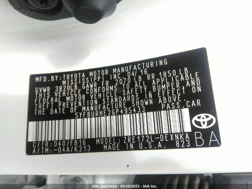 2016 TOYOTA COROLLA L/LE/S/S PLUS/LE PLUS - 5YFBURHE2GP495433