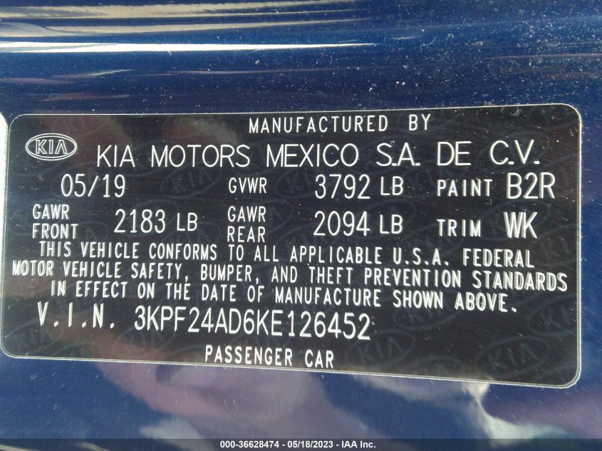 2019 KIA FORTE LXS - 3KPF24AD6KE126452